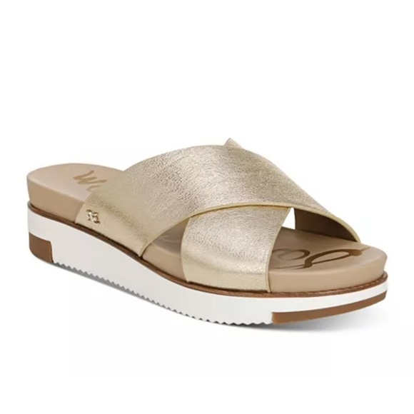EUC SAM EDELMAN AUDREA GOLD CROSS BAND WEDGE SLIDES SZ10 - Picture 1 of 9